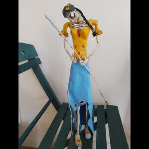 Day‎ of the Dead Halloween 19" Yellow/Blue Papier Mache Fisherwoman Figure